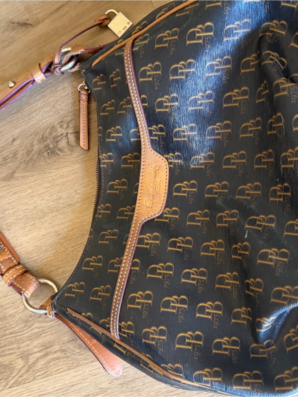 Dooney & Bourke Brown Monogram Messenger Bag with Tan Trim